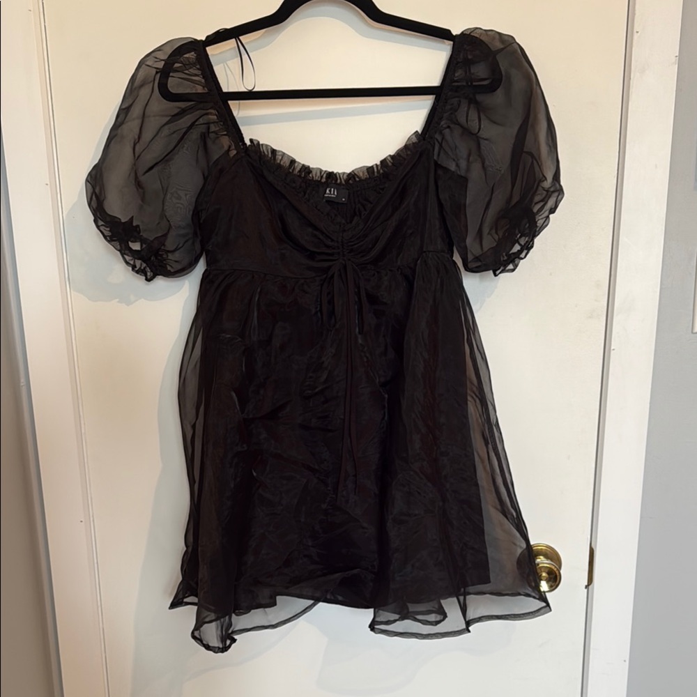 AKIRA Black Sheer Puff Sleeve Mini Babydoll Dress